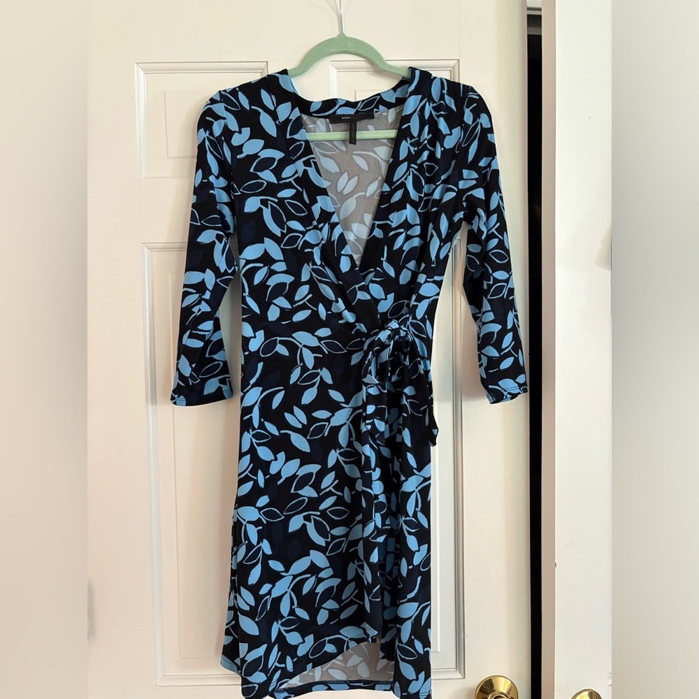 Blue Leaf Print Wrap Dress